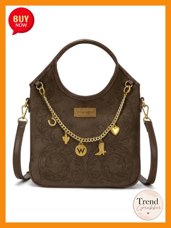 Handbags - Suede-Look Western Embroidered Hobo Bag Shoulder Purse Charm Chain